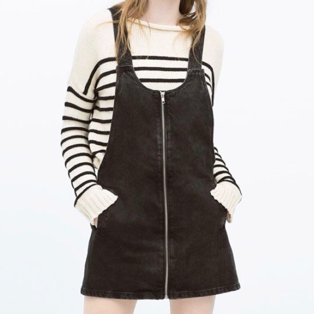 Zara Trafaluc Black Denim Pinafore Dress